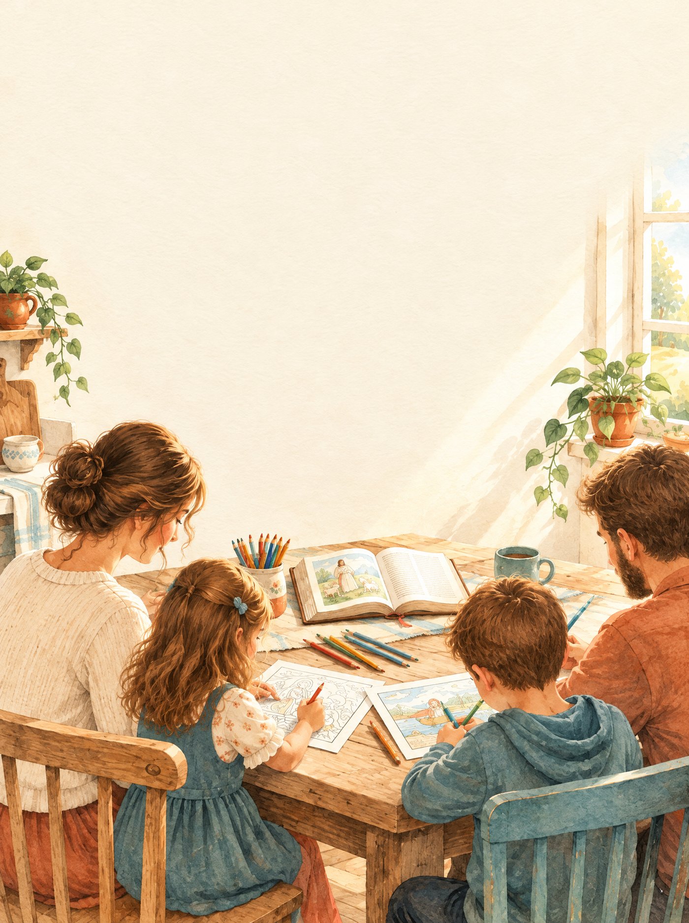 Família à mesa colorindo as páginas do kit