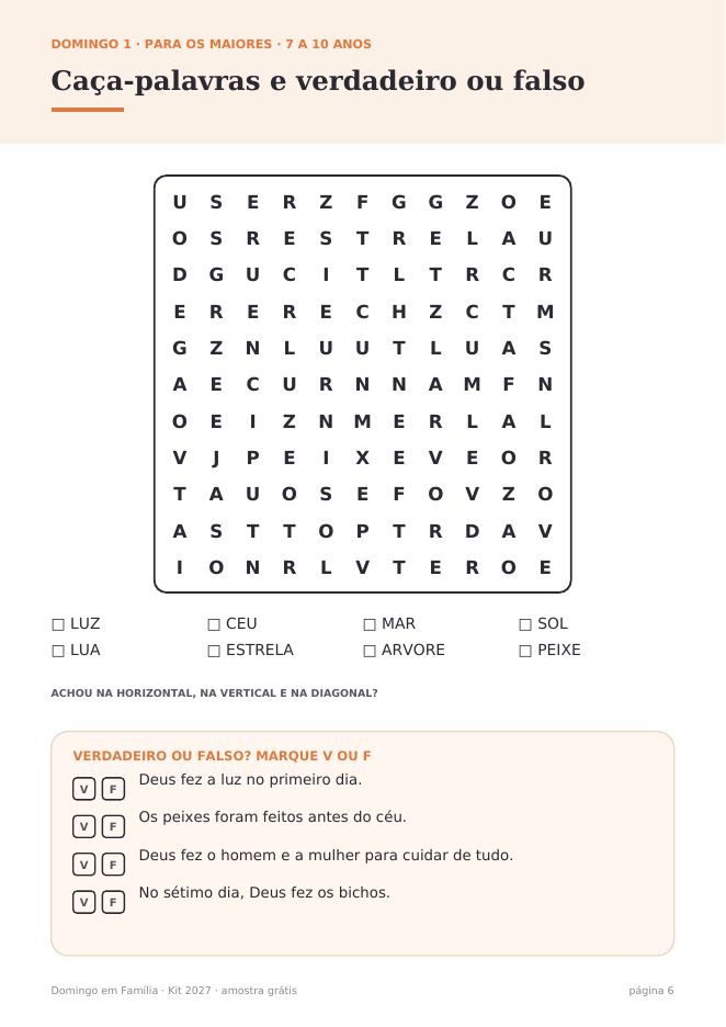 Para os maiores: caça-palavras e verdadeiro ou falso