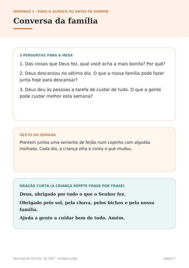 Conversa da família com perguntas, gesto da semana e oração